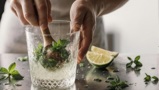Bartender muddling fresh mint leaves and lime in a glass for a cocktail.