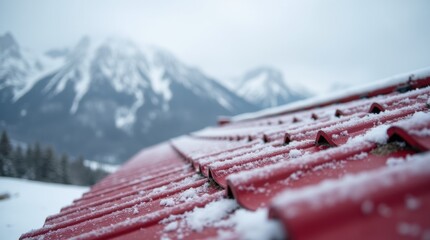Detailed view of snow accumulation on bright red cabin roof against cloudy mountain landscape