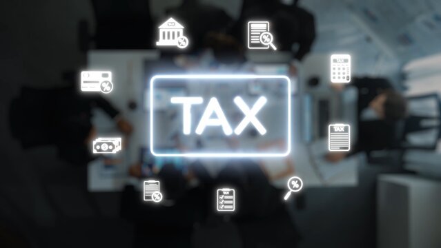 A captivating overhead view of a business meeting focused on tax preparation, featuring relevant icons and documents that represent financial analysis and planning. Raster - Powered by Adobe