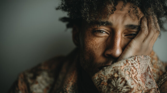 Man With Glitter On His Face Looking Tired Covering Mouth