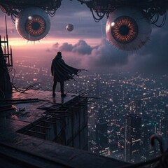The overseers hover above the cityscape, a cloaked figure watches from the rooftop's edge