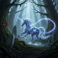 Midnight unicorn's spectral dance through ancient woods of mystery and moonlight, leaving trails of cosmic dust