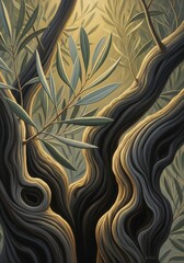 Olive grove serenity painting showcasing the textured bark of ancient trees and soft green leaves