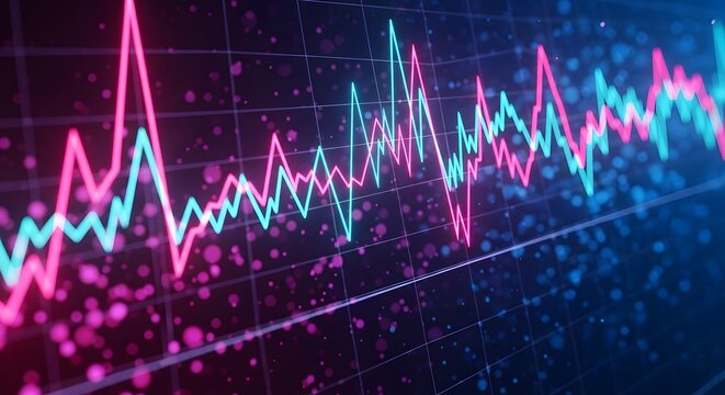 Vibrant neon sound wave graph with glowing particles and digital data stream on a dark background