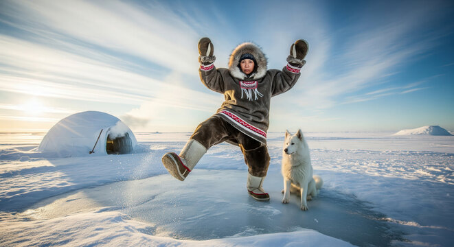 A joyful Inuit woman in traditional fur clothing dancing playfully on ice next to a white husky and an igloo in snowy landscape.