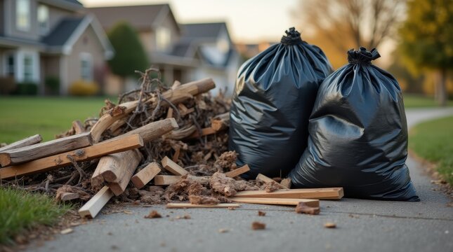 Close-up broken wood debris and black rubbish bags, suburban driveway, homes in background, building waste disposal.