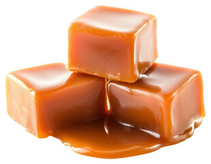 Three caramel cubes stacked and melted caramel chocolate dessert ketchup.