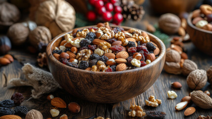Rustic Wooden Bowl Filled With Mixed Nuts And Dried Fruits On A Dark Table