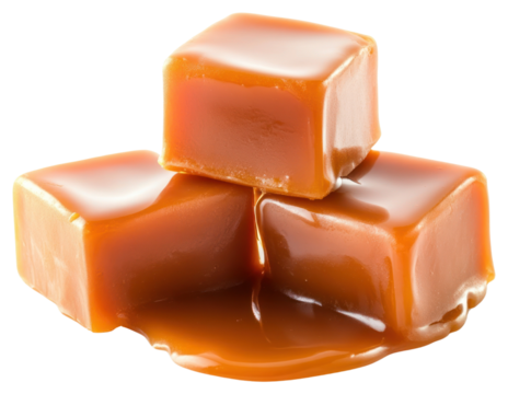 Three caramel cubes stacked and melted caramel chocolate dessert ketchup.