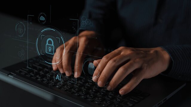 Cybersecurity system interface with biometric lock and data protection. Cybersecurity protects access, identity, cyber security prevents threats, and cyber security supports digital systems. Marrow - Powered by Adobe