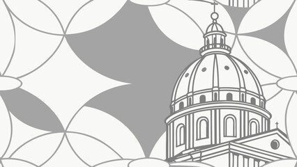 Architectural drawing of a building with a dome, partially obscured by a geometric pattern.