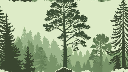 Forest illustration with layers of evergreen trees in varying shades of green, creating a depth effect.