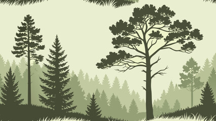 A seamless pattern illustration of a forest landscape with various evergreen trees and grass in shades of green.