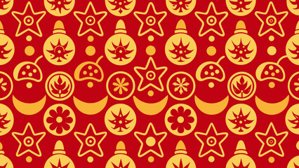 Red and gold pattern featuring Christmas ornaments, stars, flowers, and moons in a repeating design.