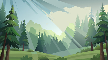 Illustration of a forest landscape with tall green trees and sunlight streaming through the canopy.
