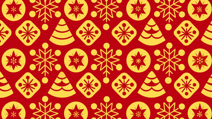 Festive pattern with golden snowflakes, trees, and stars on a red background, creating a Christmas or winter holiday theme.