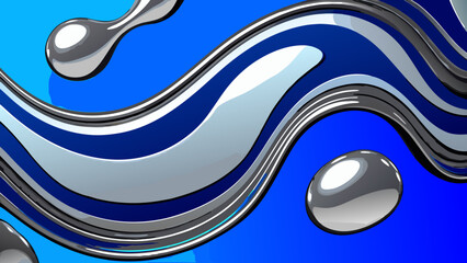 Abstract wavy design with silver liquid shapes flowing across a blue background.