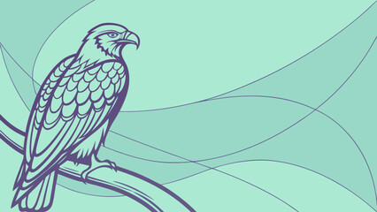 An illustration of an eagle perched on a branch, with abstract lines in the background.