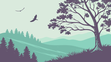Serene landscape illustration with trees, mountains, and birds in flight, rendered in a muted color palette.