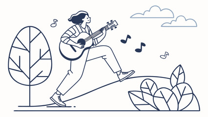 A person joyfully strums a guitar while walking outdoors, enjoying music.