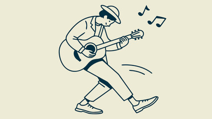 Line drawing of a man playing an acoustic guitar with musical notes floating above.