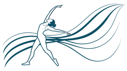 A stylized illustration of a dancer in motion, with flowing lines suggesting movement and grace.