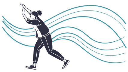 An illustration of a woman in motion, reaching upwards with dynamic blue lines.