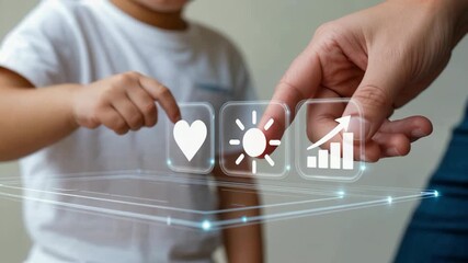 Closeup interaction between child and adult with holographic technology in a modern learning environment - Powered by Adobe