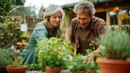 Smiling senior man and woman tending plants together in home garden surrounded by greenery. Concept of active retirement