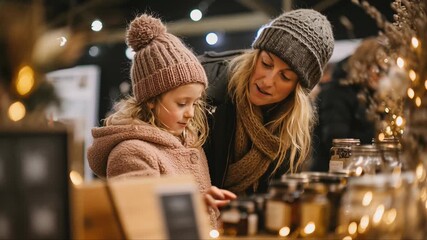 Smiling woman and girl wearing warm hats and coats looking at handmade products on winter market stall