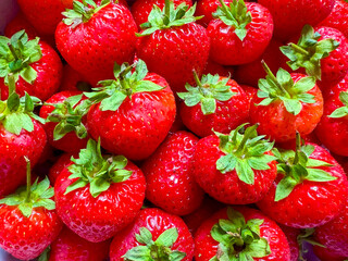 Close up view of fresh ripe strawberries on sale on a market stall. Backgrounds.