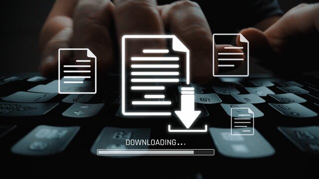 Visual representation of digital document downloading, showing file transfer, data access, and progress status for secure and efficient information retrieval Marrow - Powered by Adobe