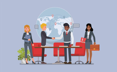 Global Business and Partnership concept. Diverse international business people around a globe, symbolizing global connection flat character vector illustration design.