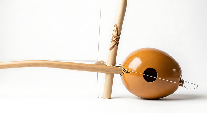 Close up shot of a berimbau instrument with a gourd resonator on a white background in studio lighting ai generated