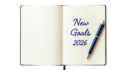 New goals for 2026 written in a notebook with a pen isolated on a transparent background for future planning