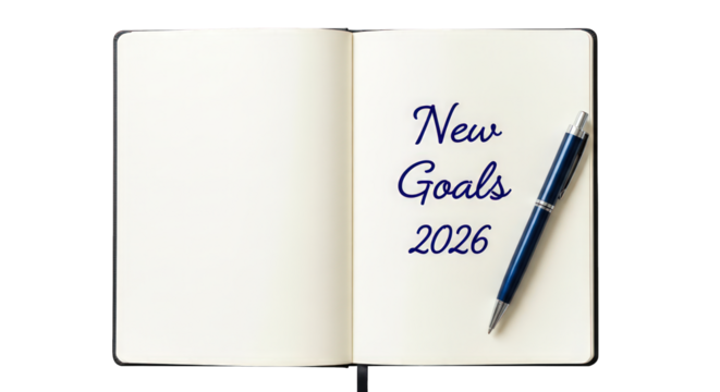 New goals for 2026 written in a notebook with a pen isolated on a transparent background for future planning