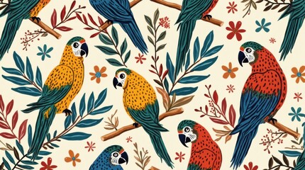 Fototapeta premium Exotic abstract hand drawn pattern with parrots. Colorful dynamic contemporary seamless pattern. 