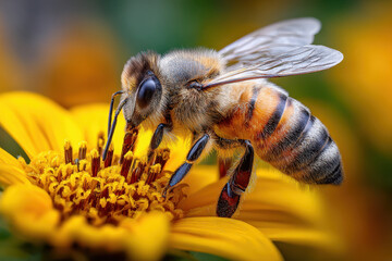 Close up of a bee pollinating a yellow flower