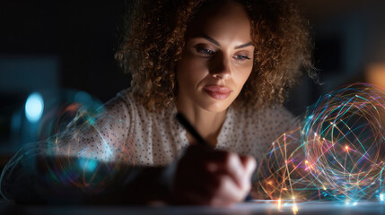 Female designer sketching on transparent floating tablet — soft holographic interface, futuristic creative workspace, calm focused emotion