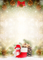 Christmas background with Snowman in hat, decorative Santa's red boot, branch and pine cones for tree decoraton. New Year winter holidays fantasy card with decor and copy space, festive postcard.