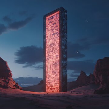 Futuristic monolithic tower with glowing red circuits in a desert