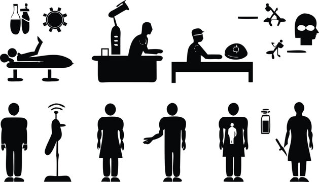 Collection of black silhouette icons related to healthcare and technology Keywords: healthcare