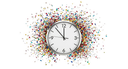 Clock at midnight surrounded by colorful confetti isolated on a transparent background