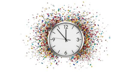 Clock at midnight surrounded by colorful confetti isolated on a transparent background