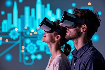 A couple exploring a futuristic city map through virtual reality headset.
