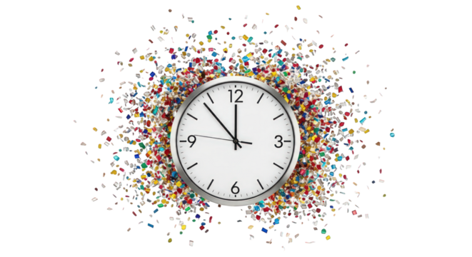 Clock at midnight surrounded by colorful confetti isolated on a transparent background - Powered by Adobe