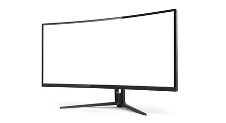 Naklejka premium Modern curved computer monitor with a blank white screen on a black stand isolated on a white background