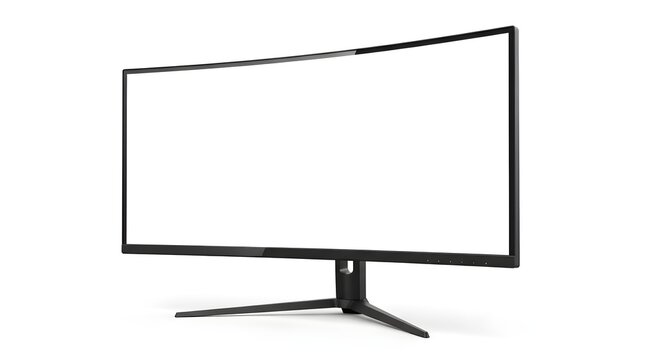 Modern curved computer monitor with a blank white screen on a black stand isolated on a white background