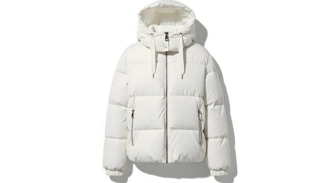 Stylish white puffer jacket with hood and zipper closure perfect for cold weather fashion and outdoor activities
