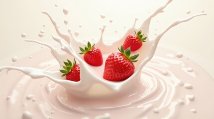 Ripe strawberries dropping into fresh milk producing artistic white splash formations against clean background